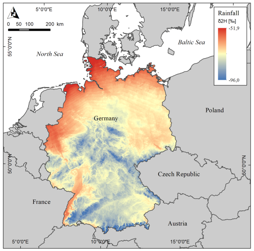 Isotopenkarte_IsoGW: : Verteilungskarte der Deutierum-Isotope des Regens über Deutschland (jährlicher Mittelwert). Ähnlich dazu soll in Zukunft eine Isotopenkarte des Grundwassers erstellt werden.Datengrundlage: GNIP (Global Network of isotopes in precipitation), IAEA Wien 