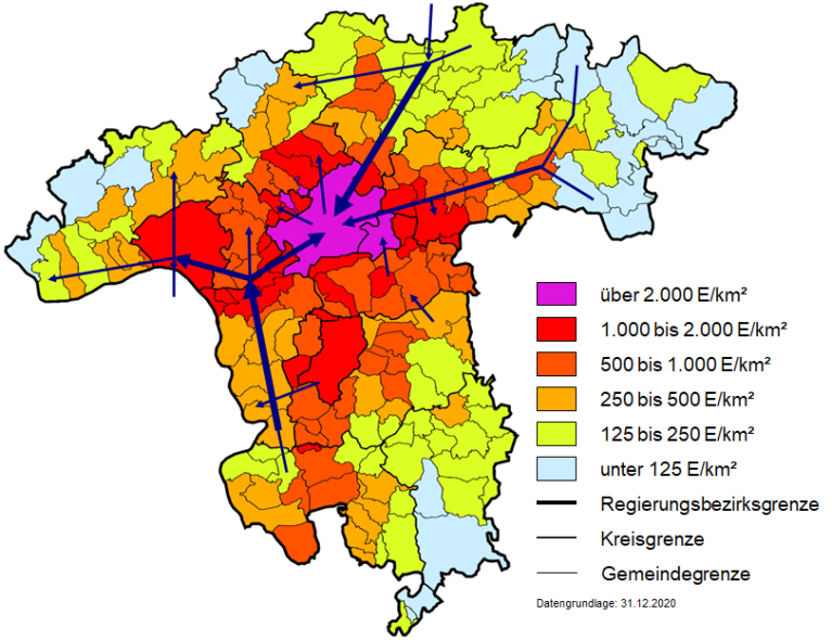 Political structure of the Darmstadt administrative district. Population density and main supply flows in the Rhine-Main water supply network. Source: Rhine-Main Water Supply Association, edited by Dr. Ulrich Roth, Consulting Engineer, Bad Ems, 2022